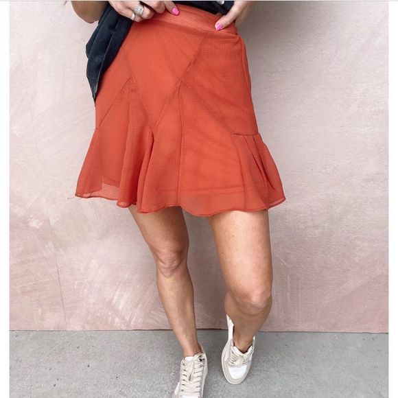 NWT “PROMESA”BURNT ORANGE ASYMMETRICAL MINI SKIRT - Picture 2 of 4